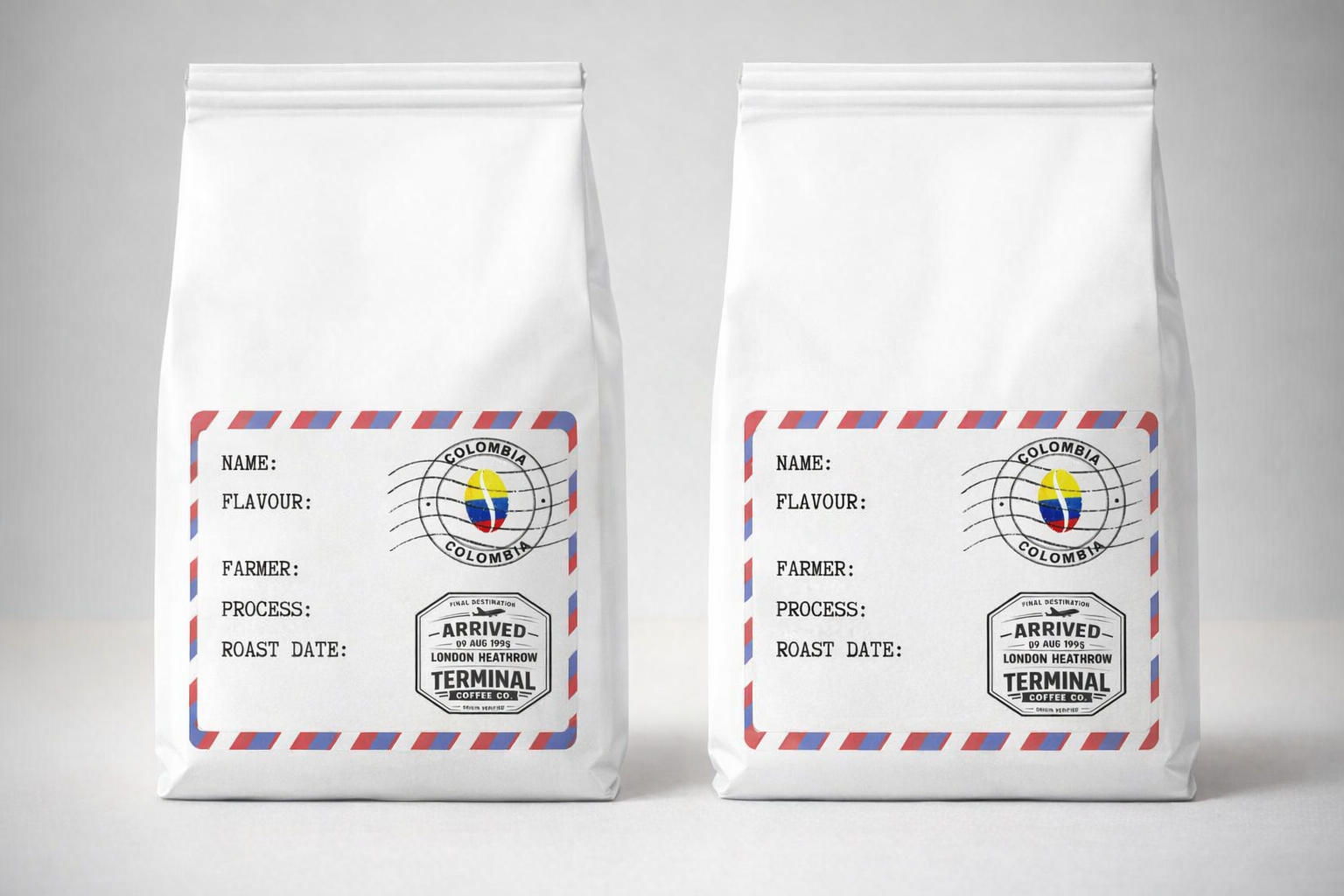 Terminal Coffee Co. bags with the label area open for a name, flavour, farmer, process, and roast date.